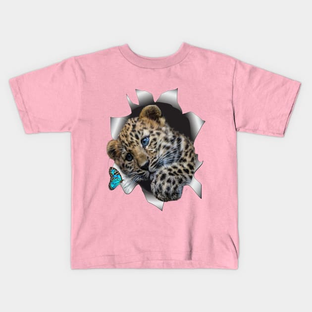 Leopard Cub and a Butterfly Kids T-Shirt by Just Kidding by Nadine May